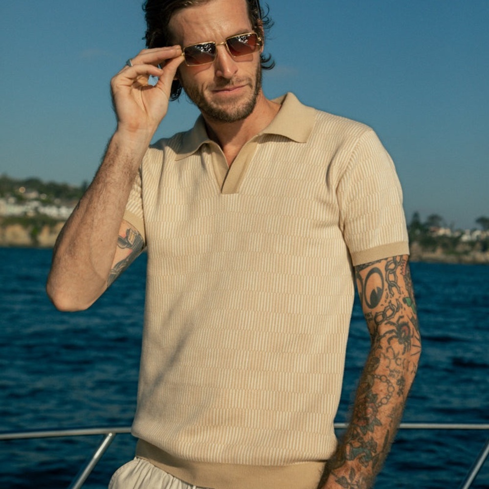 Dandy Del Mar Mens Sebastian Notched Johnny Collar V-Neck Knit Polo Casual Shirt - Picture 6 of 10